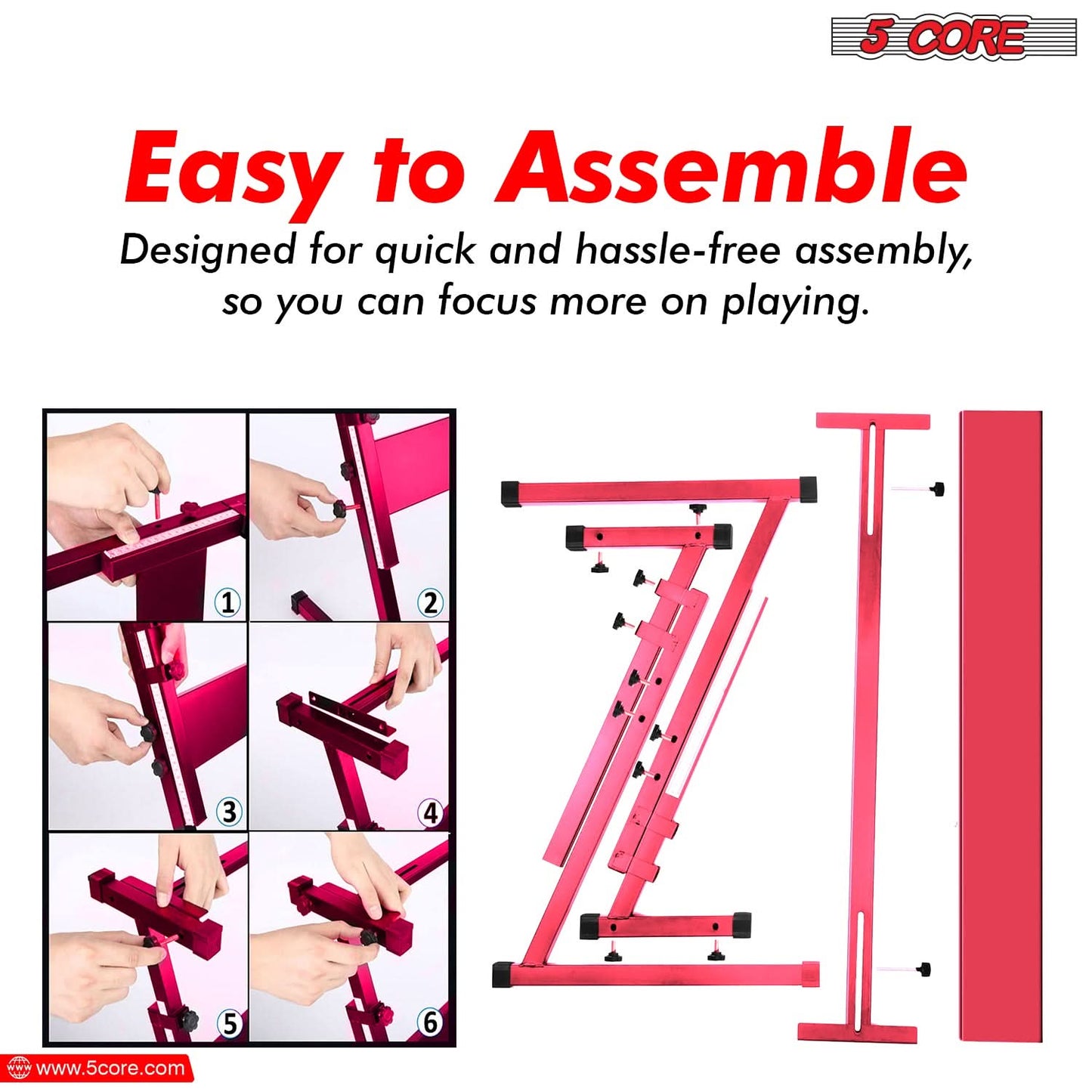 5Core Keyboard Stand Adjustable z Style Piano Riser + Keyboard Piano Bench PINK