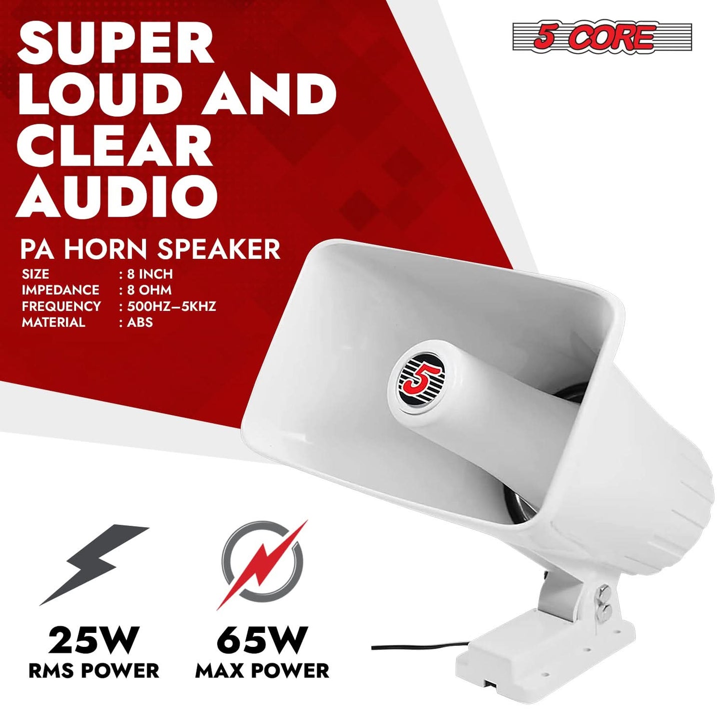 5 Core PA Speaker 5 x 8" 65W Bull Horn Loud Audio Outdoor Speakers System 8Ohm Reflex Megaphone