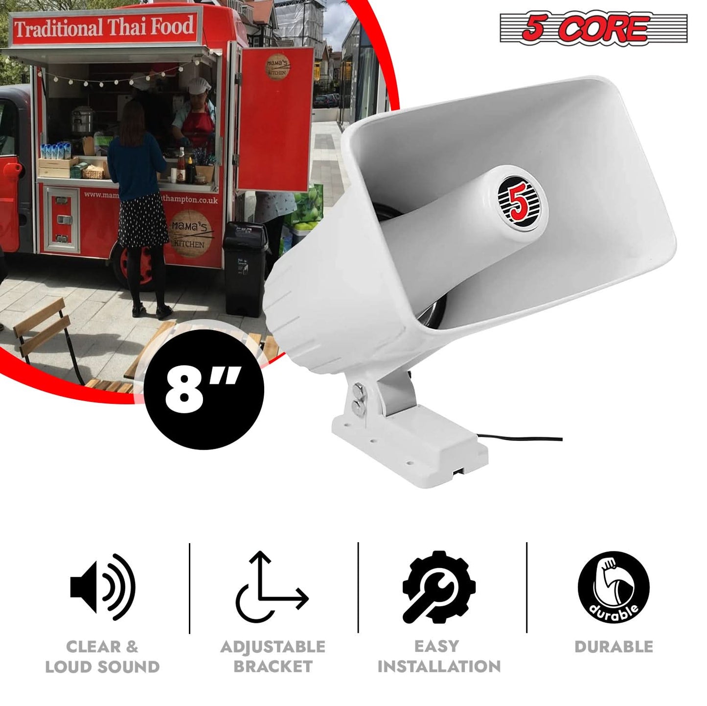 5 Core PA Speaker 5 x 8" 65W Bull Horn Loud Audio Outdoor Speakers System 8Ohm Reflex Megaphone