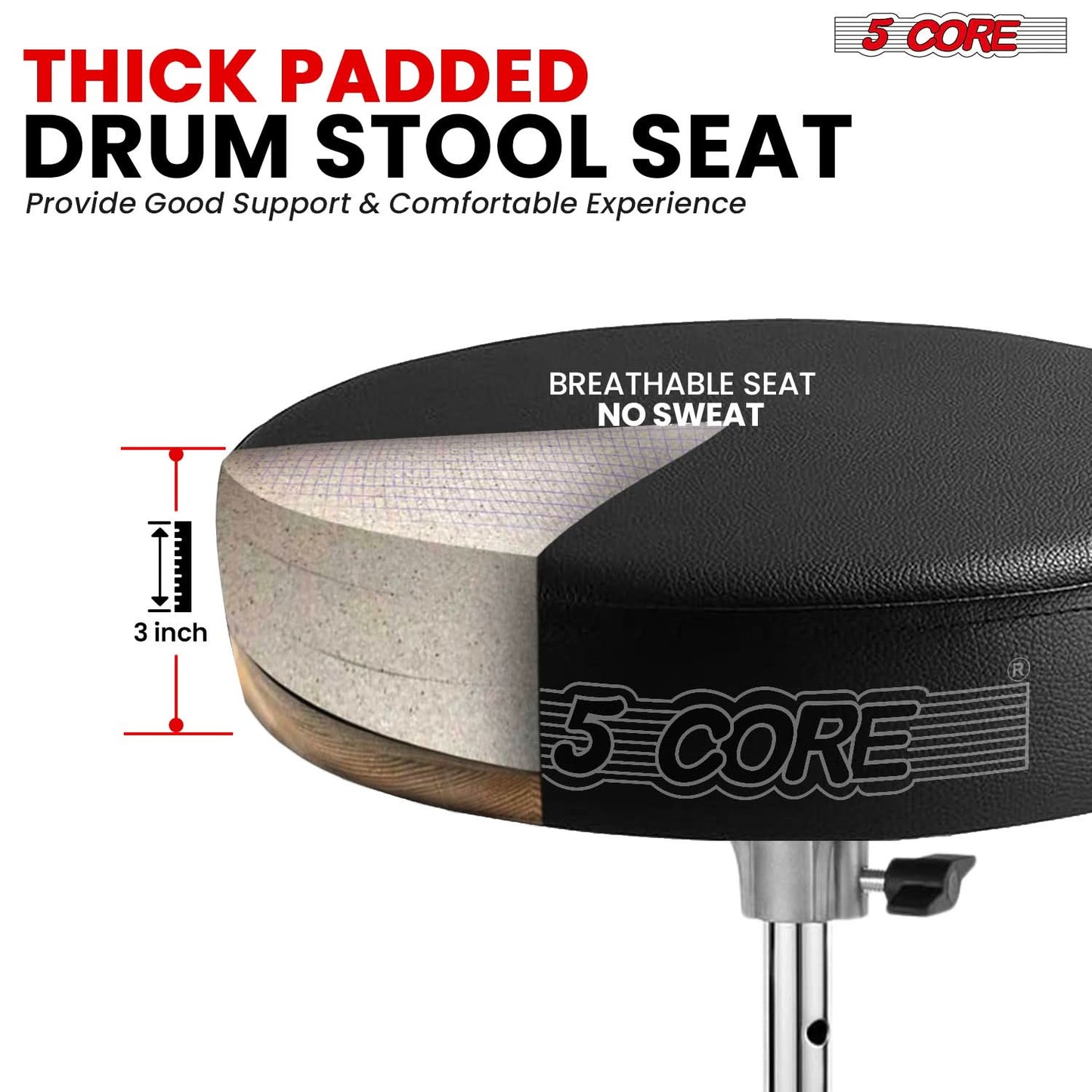 5 Core Drum Throne 3" Thick Padded Comfortable Guitar Stool Drummer Chair Adjustable Musician Seat
