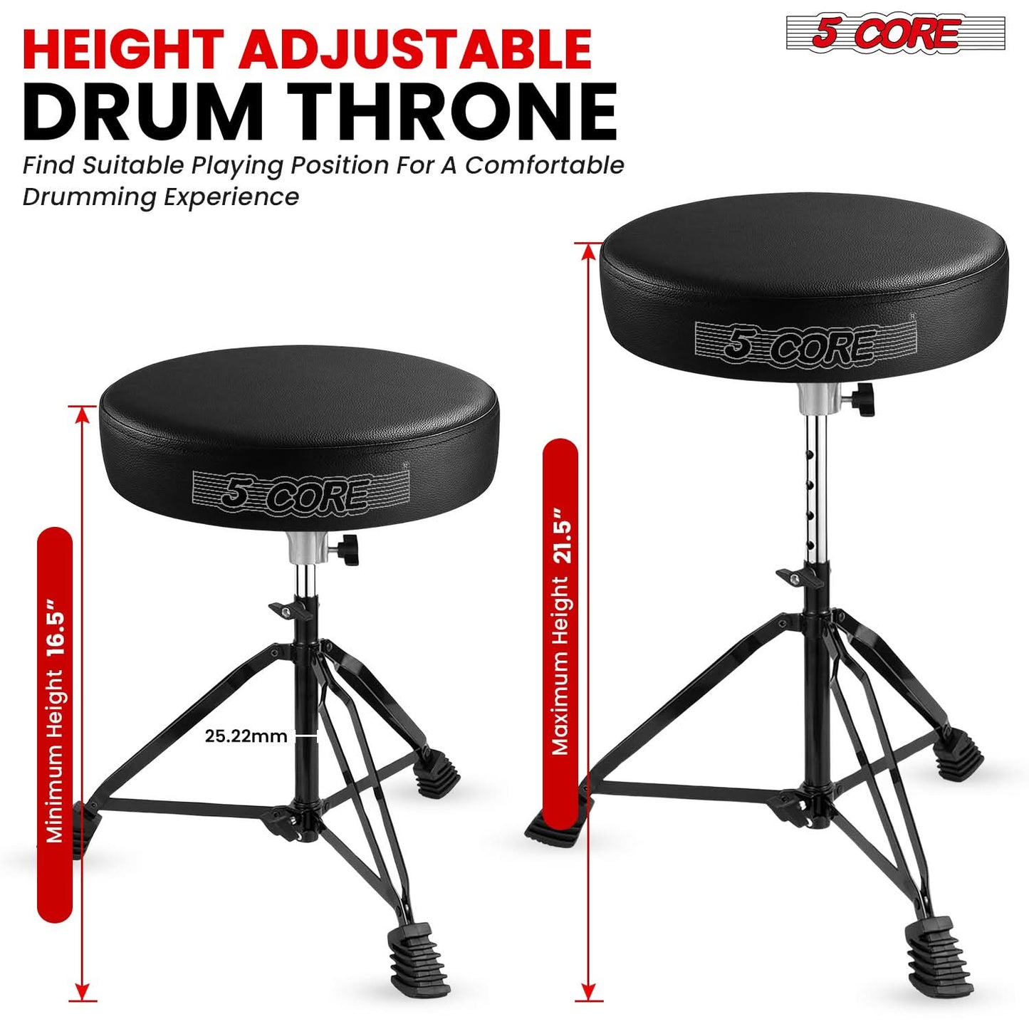 5 Core Drum Throne 3" Thick Padded Comfortable Guitar Stool Drummer Chair Adjustable Musician Seat