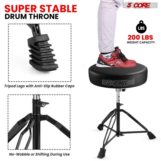 5 Core Drum Throne 3" Thick Padded Comfortable Guitar Stool Drummer Chair Adjustable Musician Seat