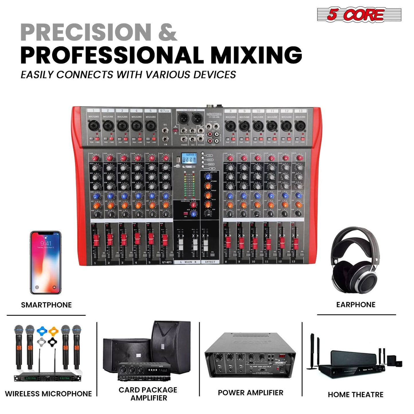 5 Core Audio Mixer 12 Channel DJ Equipment with Bluetooth USB Sound Board Console