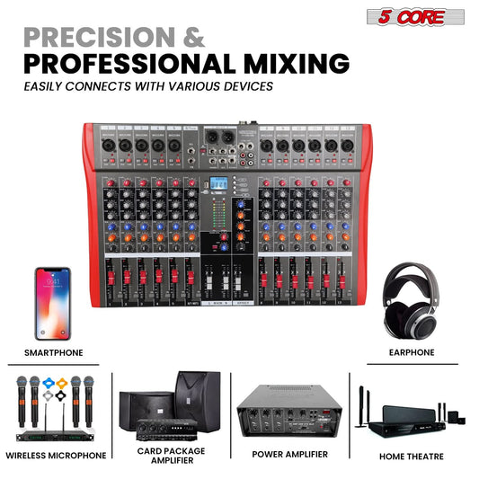 5 Core Audio Mixer 12 Channel DJ Equipment with Bluetooth USB Sound Board Console