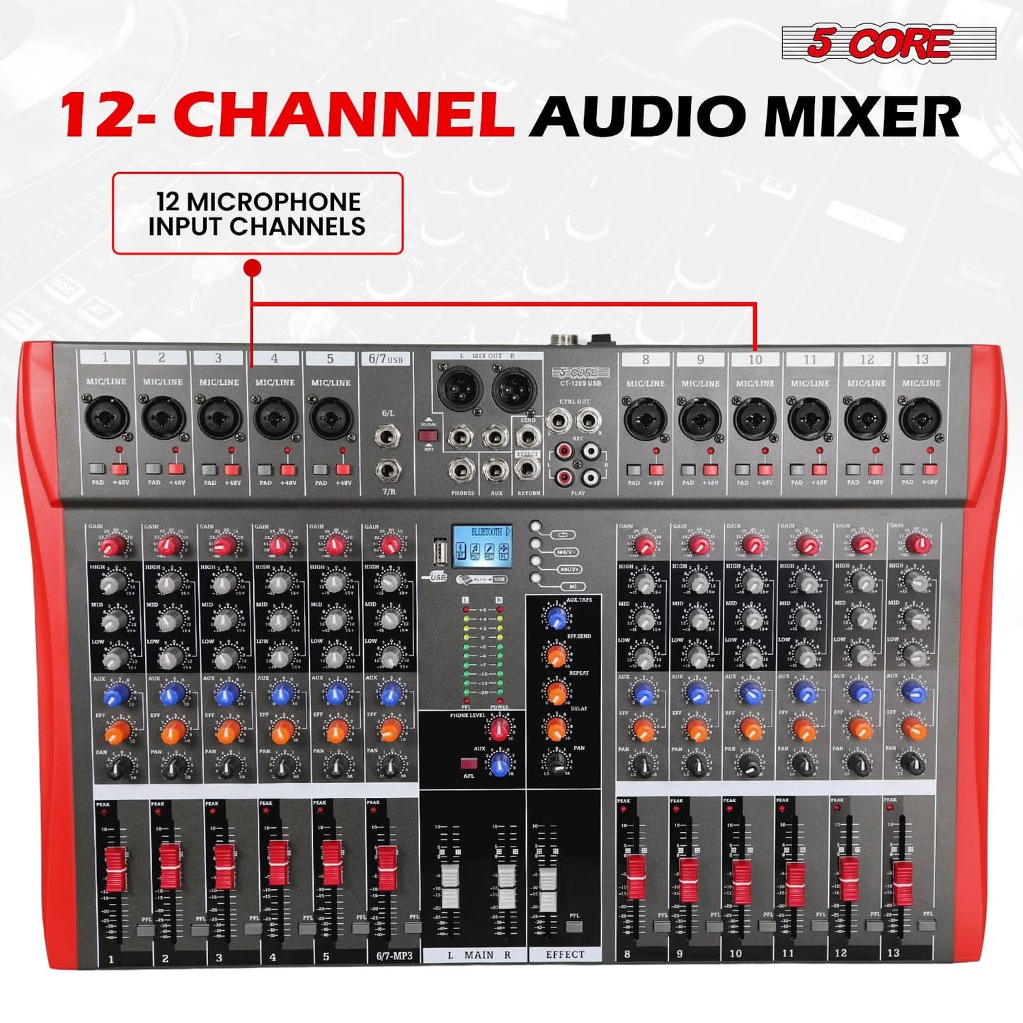 5 Core Audio Mixer 12 Channel DJ Equipment with Bluetooth USB Sound Board Console